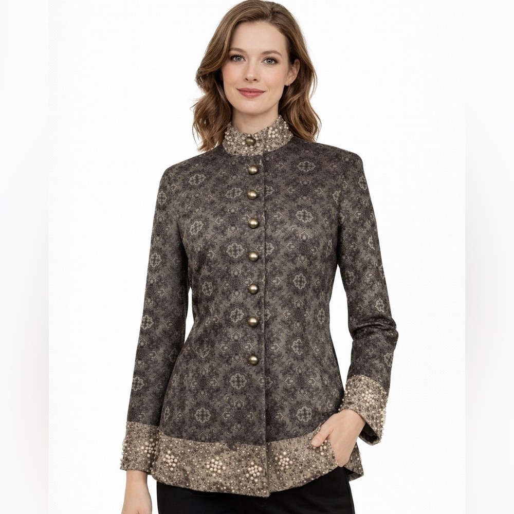 Kensie Baroque Pearl Button Statement Blazer Brown Ornate Jacket Size 10